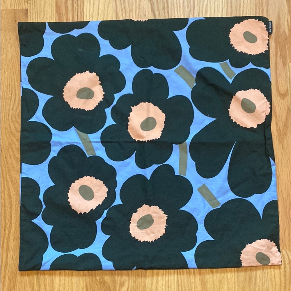Marimekko Blue and dark green unikko Floral Accent Pillow